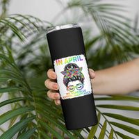 Autism Acceptance Skinny Tumbler Neurodivergent Support Messy Bun Ribbon Puzzle