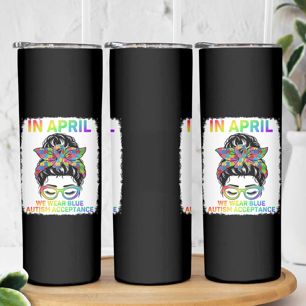 Autism Acceptance Skinny Tumbler Neurodivergent Support Messy Bun Ribbon Puzzle