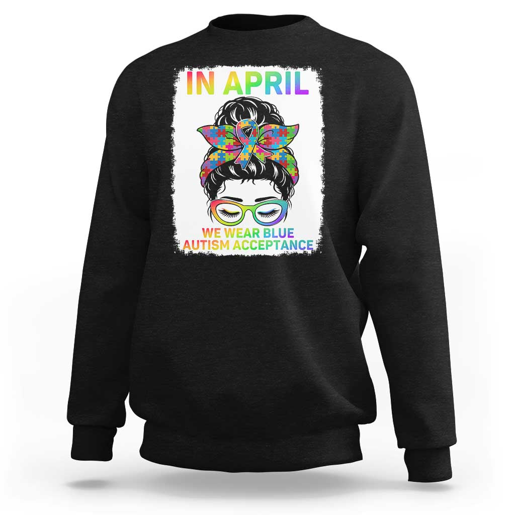 Autism Acceptance Sweatshirt Neurodivergent Support Messy Bun Ribbon Puzzle