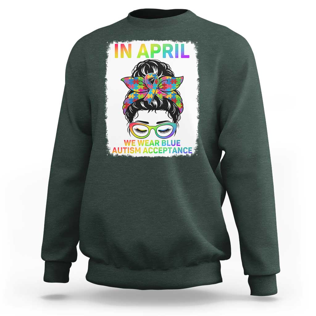 Autism Acceptance Sweatshirt Neurodivergent Support Messy Bun Ribbon Puzzle