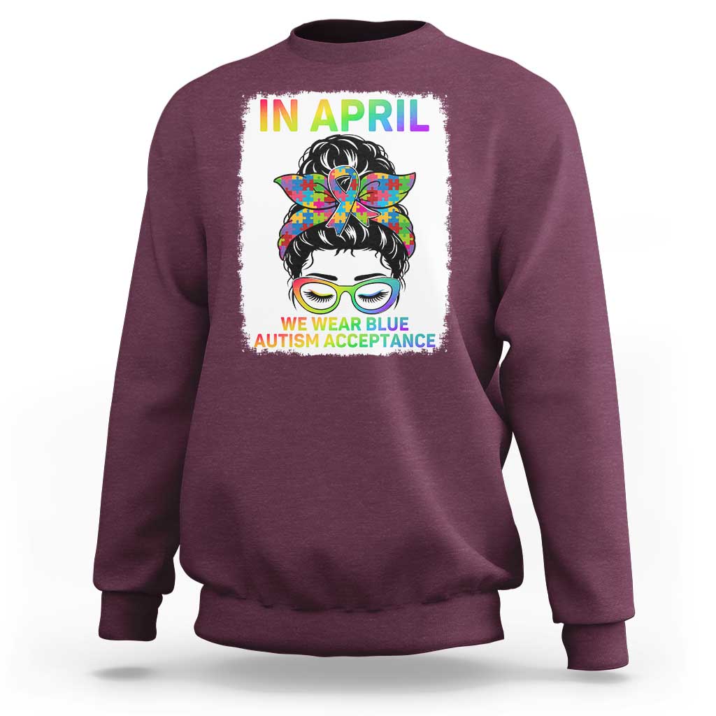 Autism Acceptance Sweatshirt Neurodivergent Support Messy Bun Ribbon Puzzle