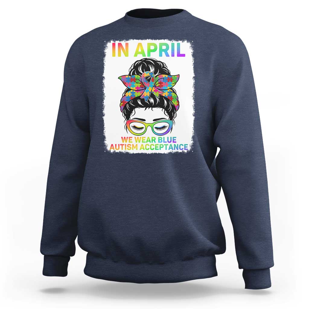 Autism Acceptance Sweatshirt Neurodivergent Support Messy Bun Ribbon Puzzle