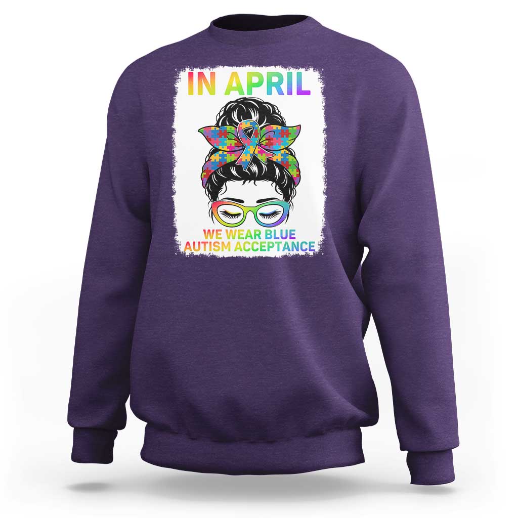 Autism Acceptance Sweatshirt Neurodivergent Support Messy Bun Ribbon Puzzle