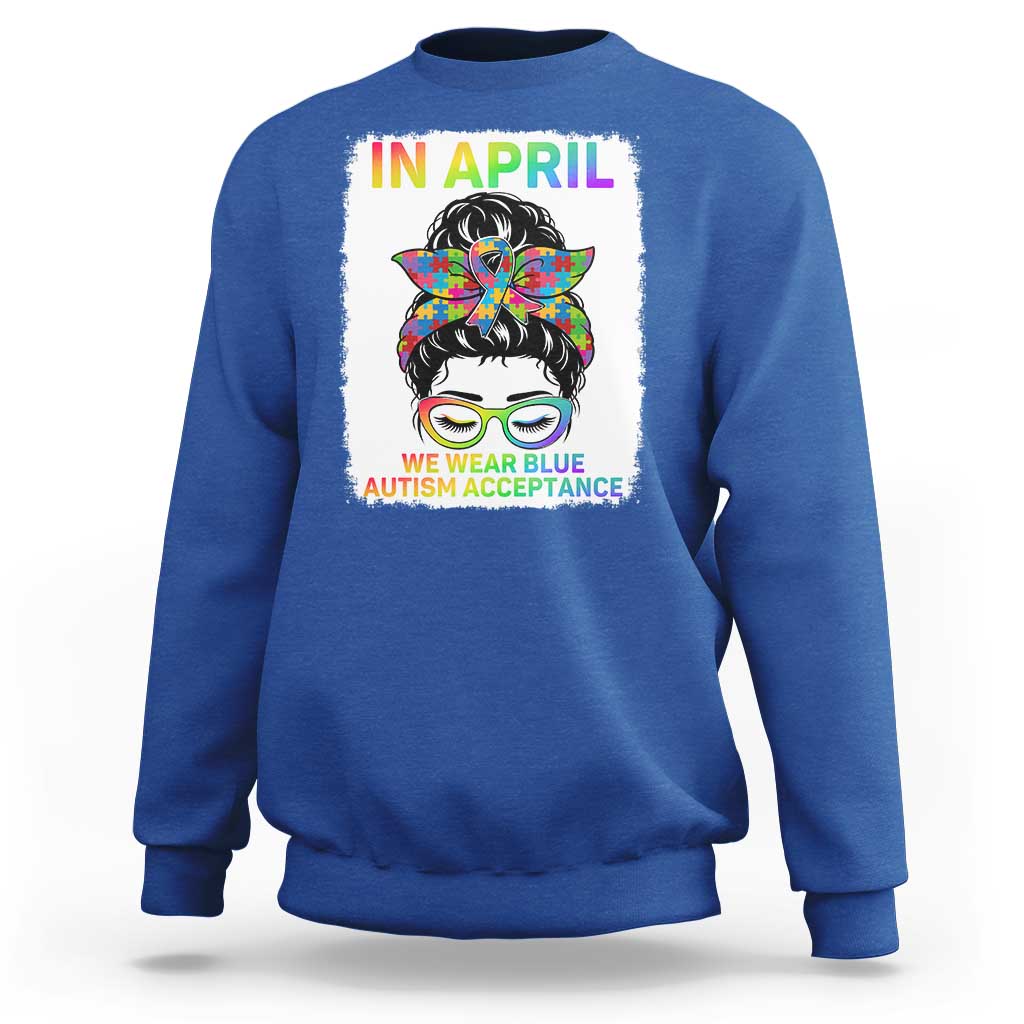 Autism Acceptance Sweatshirt Neurodivergent Support Messy Bun Ribbon Puzzle