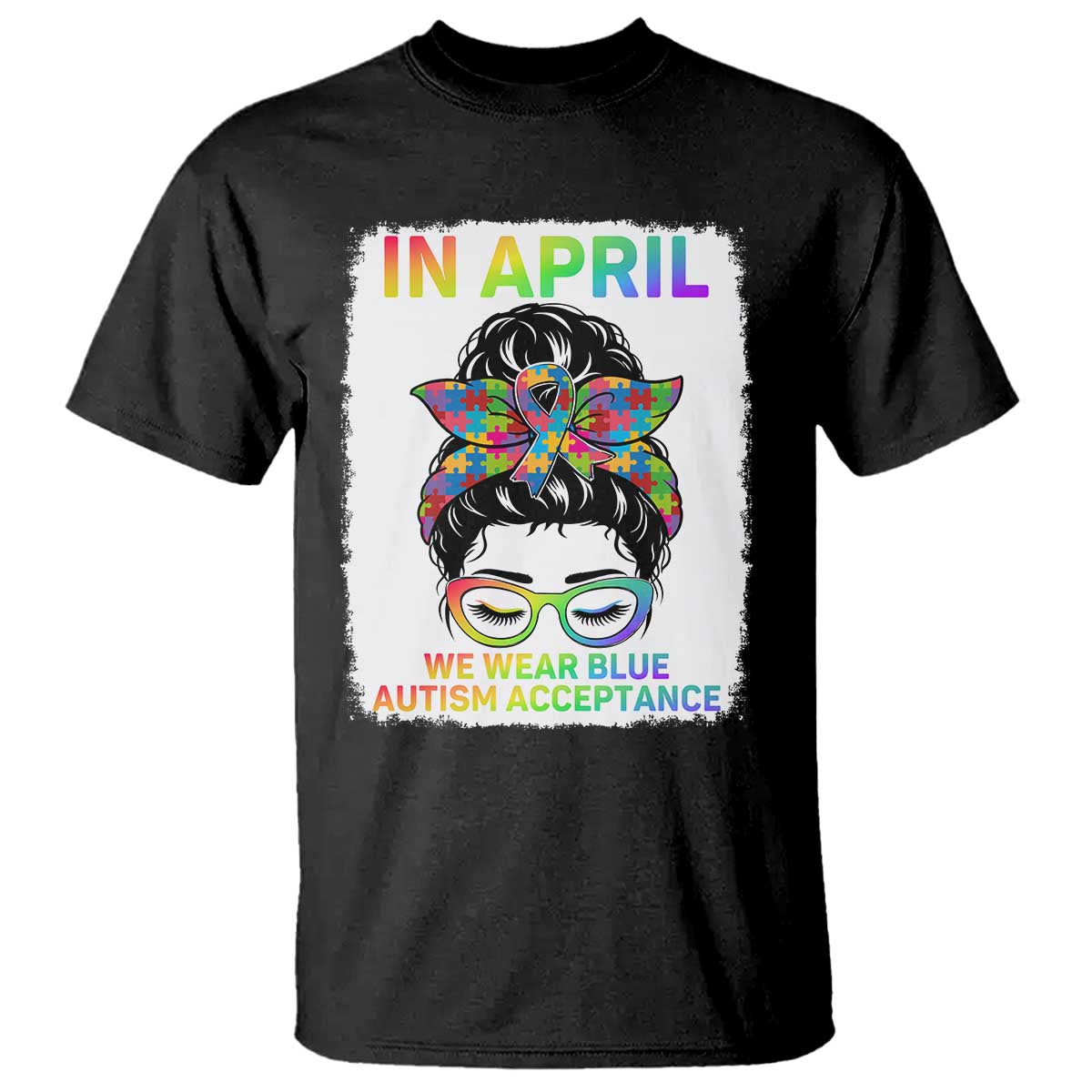 Autism Acceptance T Shirt Neurodivergent Support Messy Bun Ribbon Puzzle