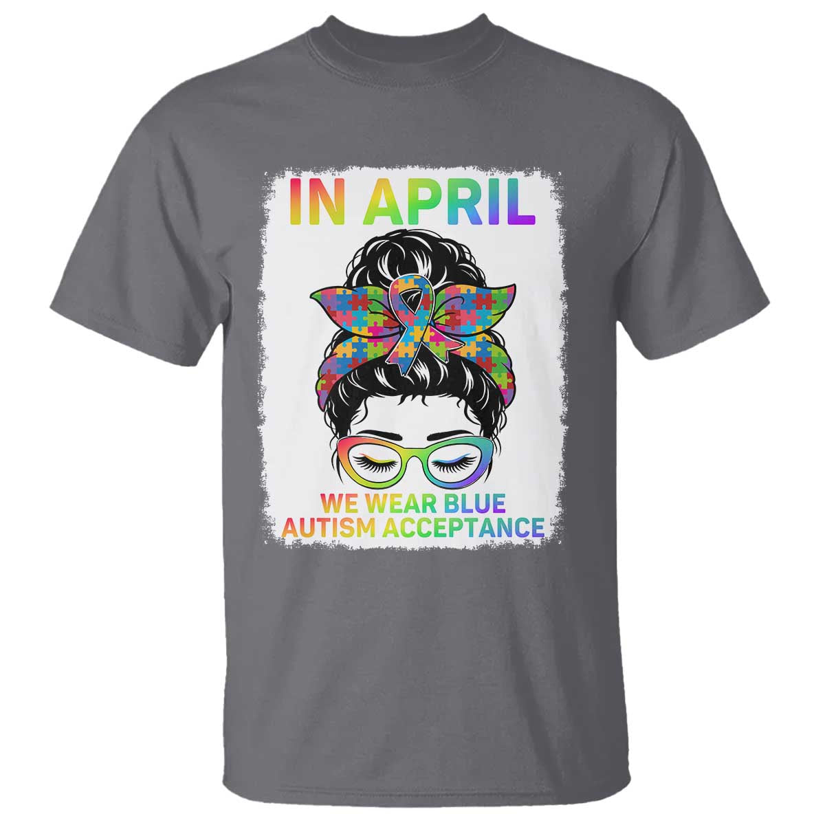 Autism Acceptance T Shirt Neurodivergent Support Messy Bun Ribbon Puzzle