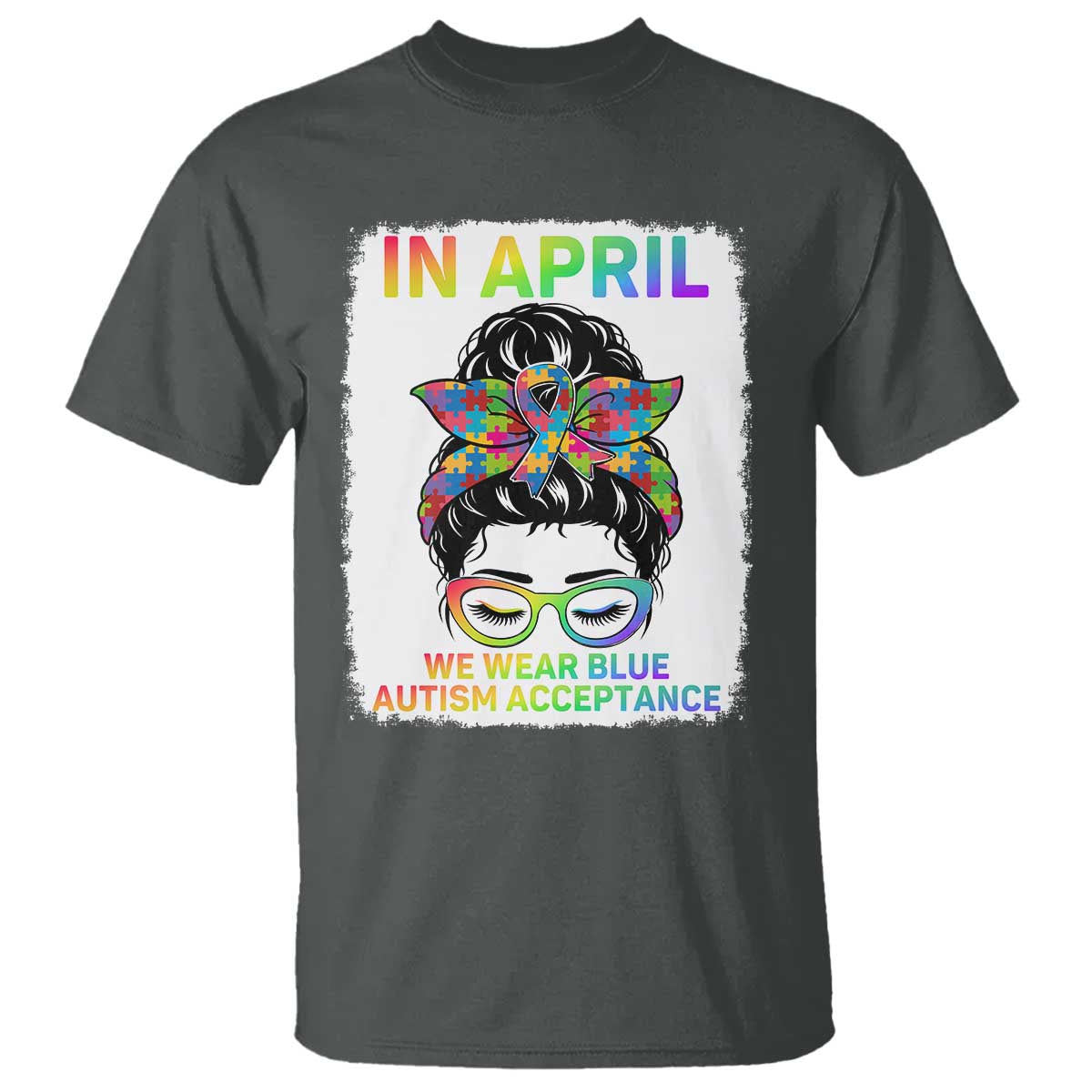 Autism Acceptance T Shirt Neurodivergent Support Messy Bun Ribbon Puzzle