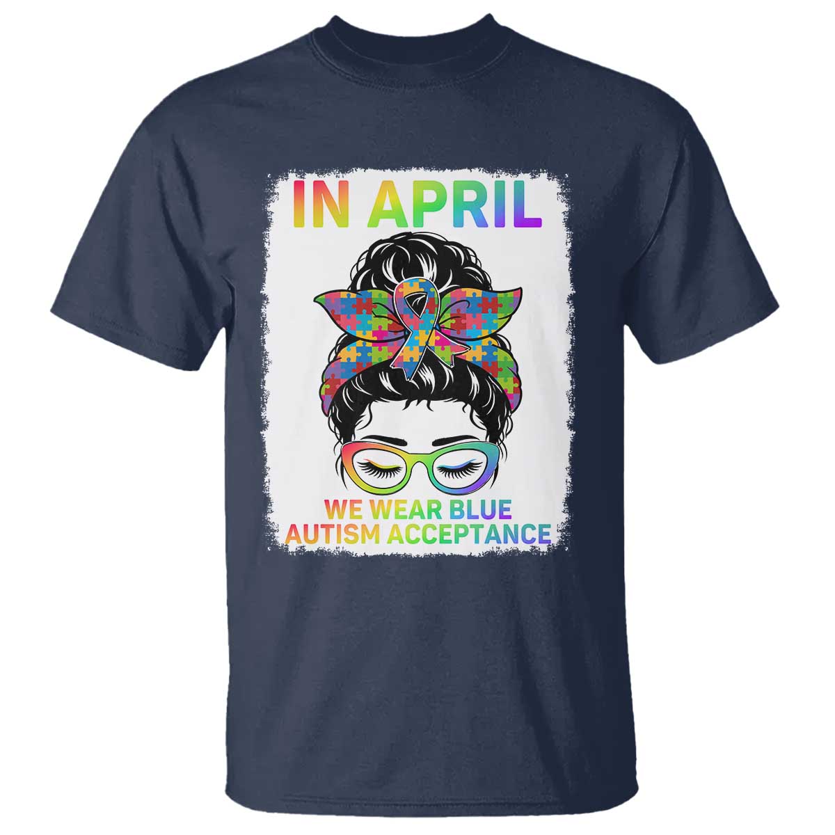 Autism Acceptance T Shirt Neurodivergent Support Messy Bun Ribbon Puzzle