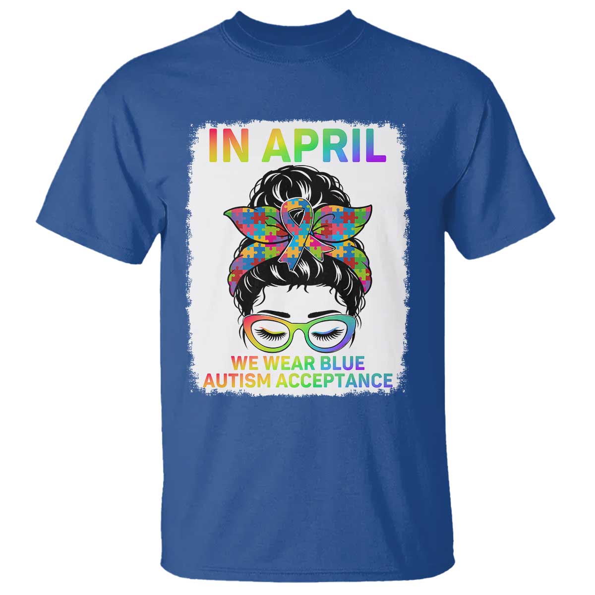 Autism Acceptance T Shirt Neurodivergent Support Messy Bun Ribbon Puzzle