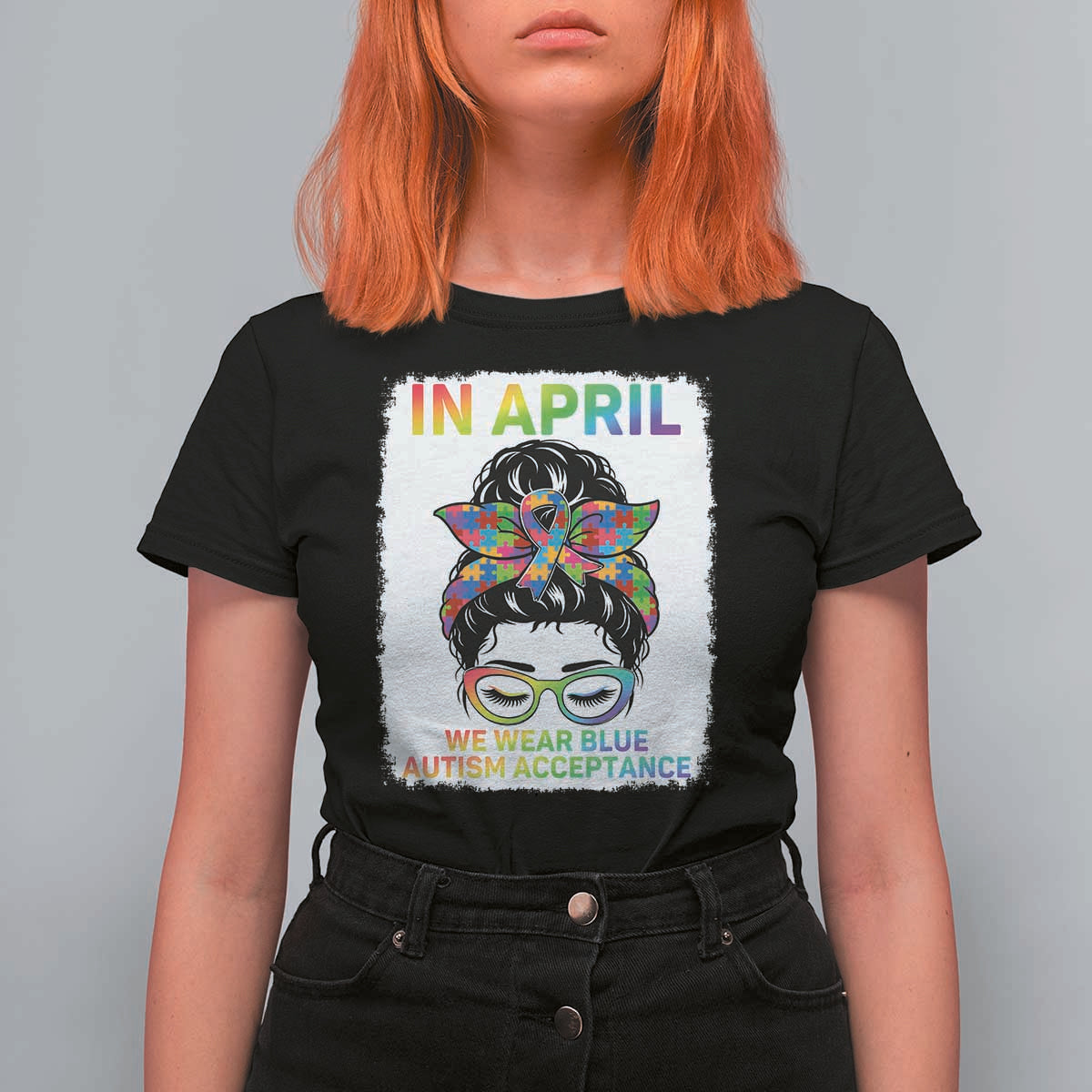 Autism Acceptance T Shirt For Women Neurodivergent Support Messy Bun Ribbon Puzzle