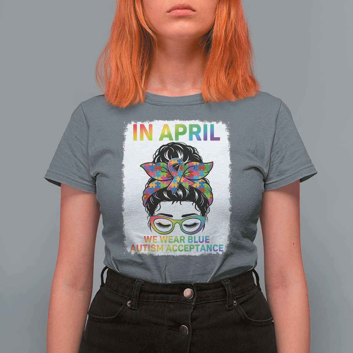 Autism Acceptance T Shirt For Women Neurodivergent Support Messy Bun Ribbon Puzzle