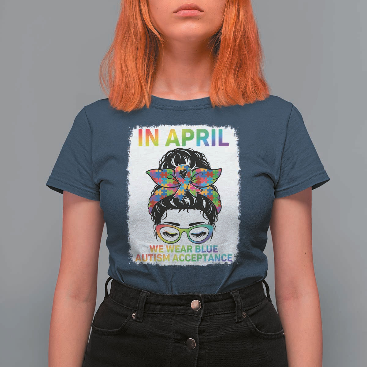 Autism Acceptance T Shirt For Women Neurodivergent Support Messy Bun Ribbon Puzzle