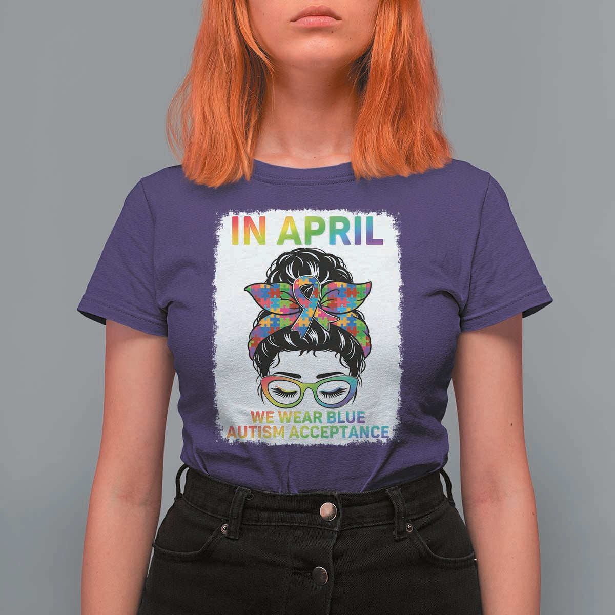 Autism Acceptance T Shirt For Women Neurodivergent Support Messy Bun Ribbon Puzzle
