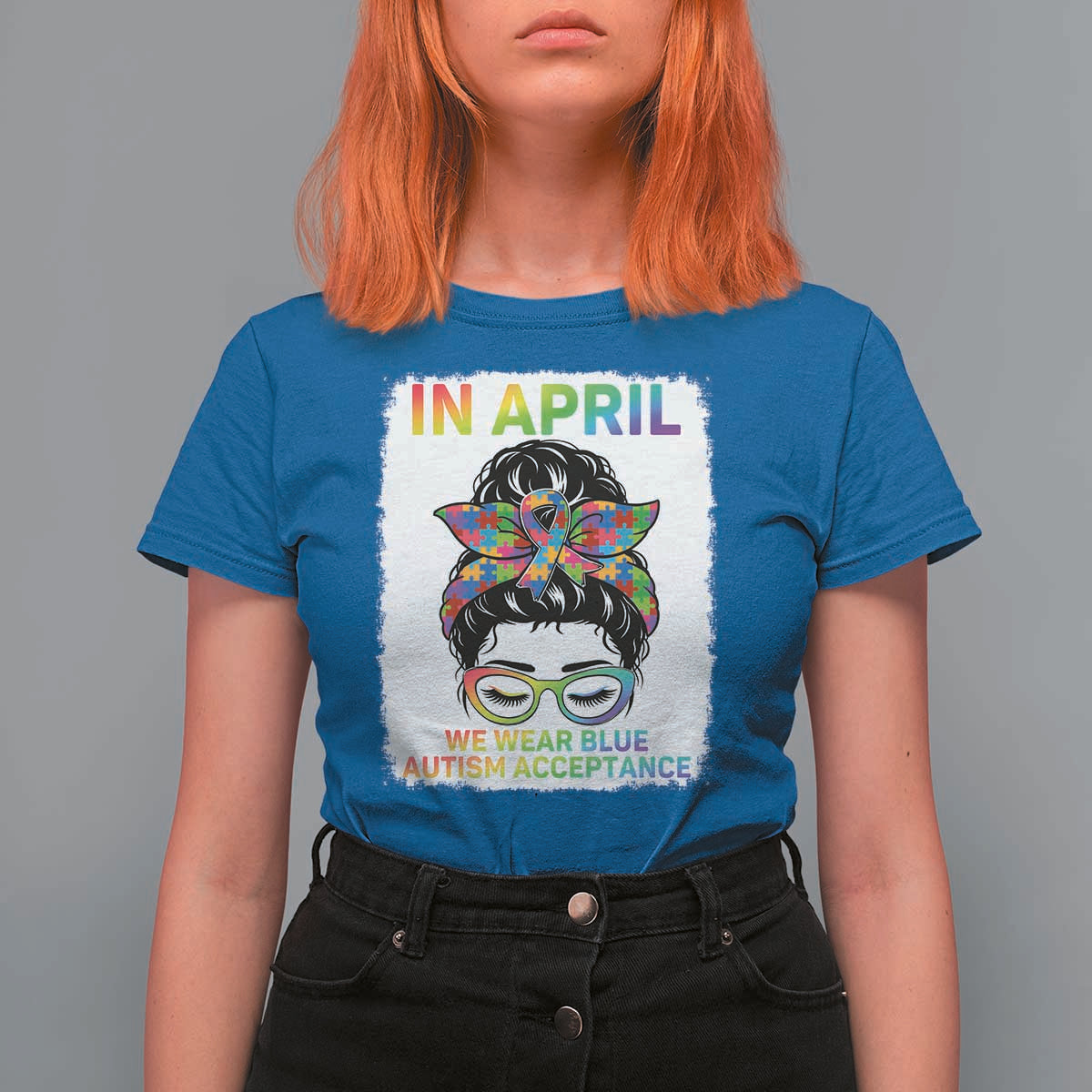 Autism Acceptance T Shirt For Women Neurodivergent Support Messy Bun Ribbon Puzzle