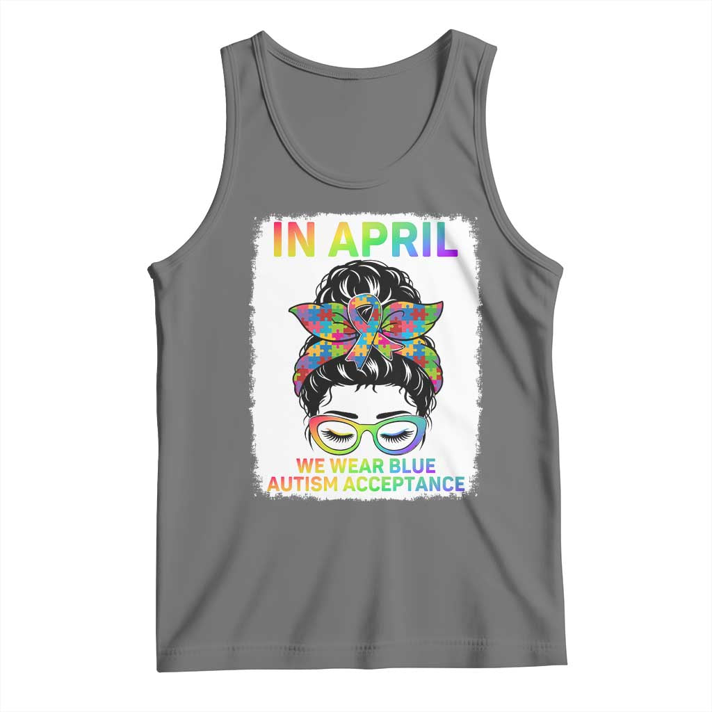 Autism Acceptance Tank Top Neurodivergent Support Messy Bun Ribbon Puzzle