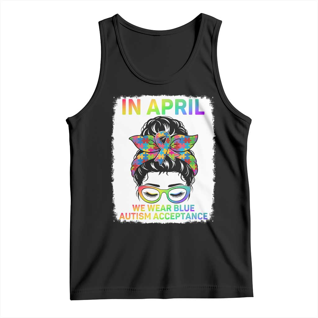 Autism Acceptance Tank Top Neurodivergent Support Messy Bun Ribbon Puzzle