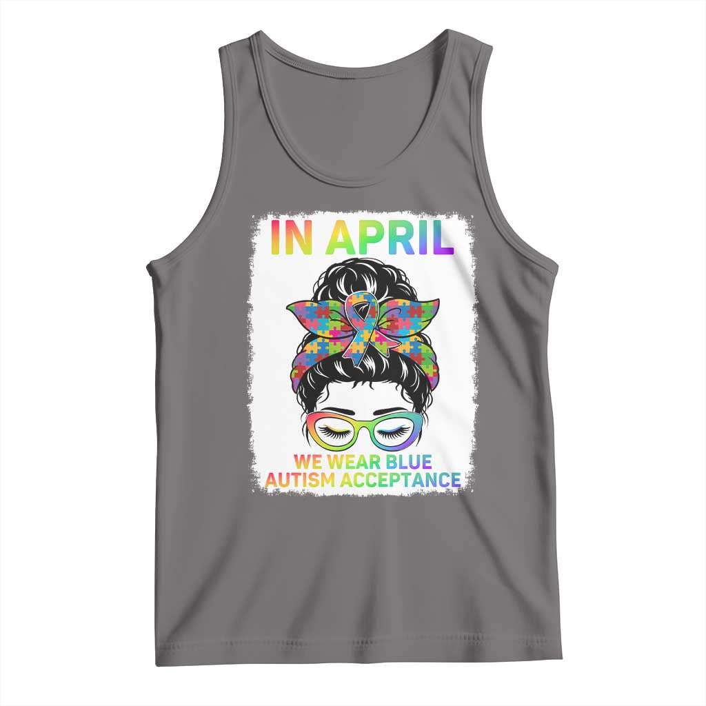 Autism Acceptance Tank Top Neurodivergent Support Messy Bun Ribbon Puzzle