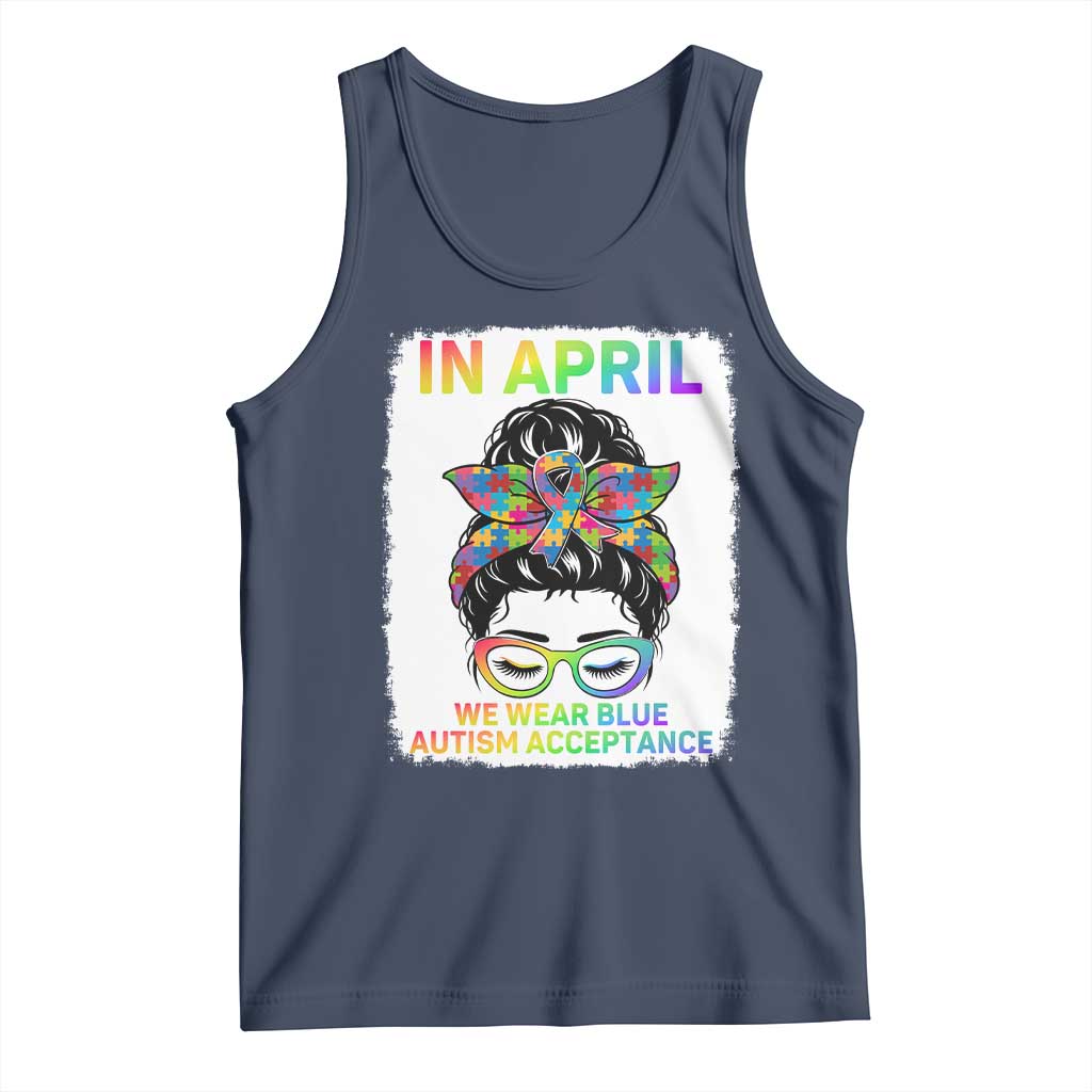 Autism Acceptance Tank Top Neurodivergent Support Messy Bun Ribbon Puzzle