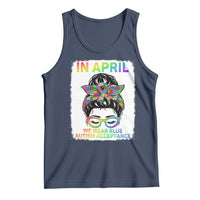 Autism Acceptance Tank Top Neurodivergent Support Messy Bun Ribbon Puzzle