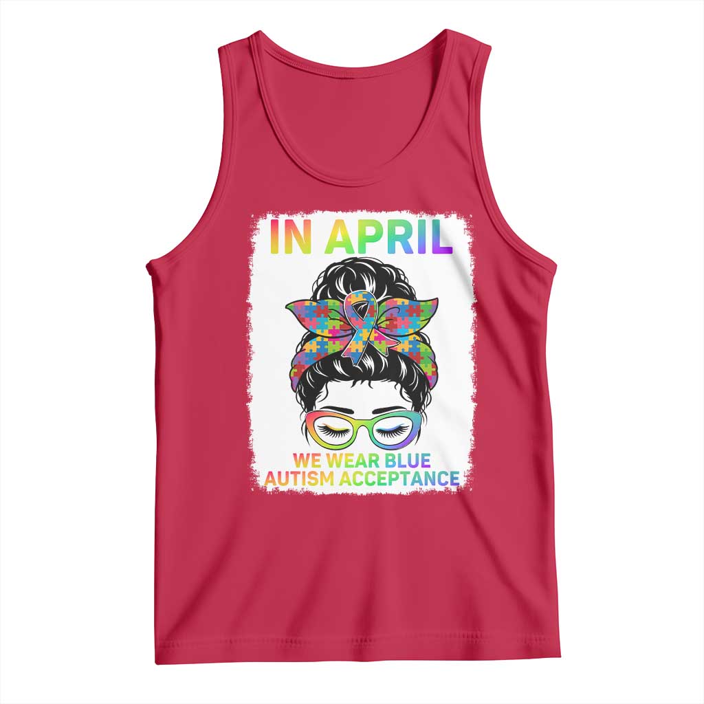 Autism Acceptance Tank Top Neurodivergent Support Messy Bun Ribbon Puzzle