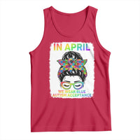 Autism Acceptance Tank Top Neurodivergent Support Messy Bun Ribbon Puzzle