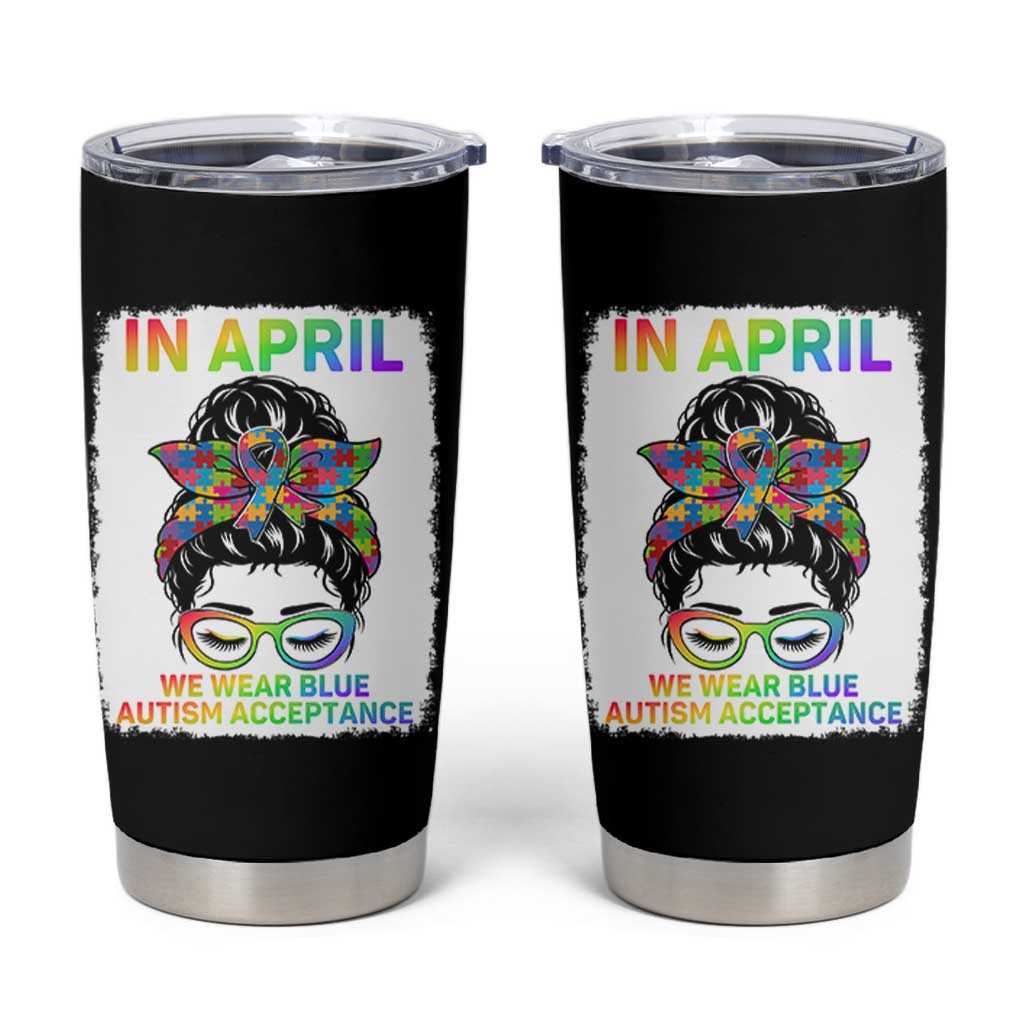 Autism Acceptance Tumbler Cup Neurodivergent Support Messy Bun Ribbon Puzzle