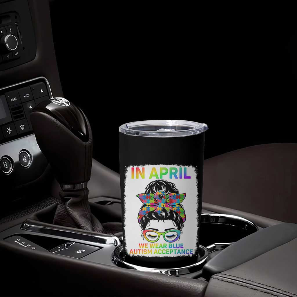 Autism Acceptance Tumbler Cup Neurodivergent Support Messy Bun Ribbon Puzzle