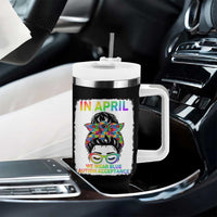 Autism Acceptance Tumbler With Handle Neurodivergent Support Messy Bun Ribbon Puzzle