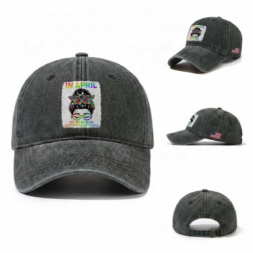 Autism Acceptance Washed Cotton Baseball Cap Neurodivergent Support Messy Bun Ribbon Puzzle