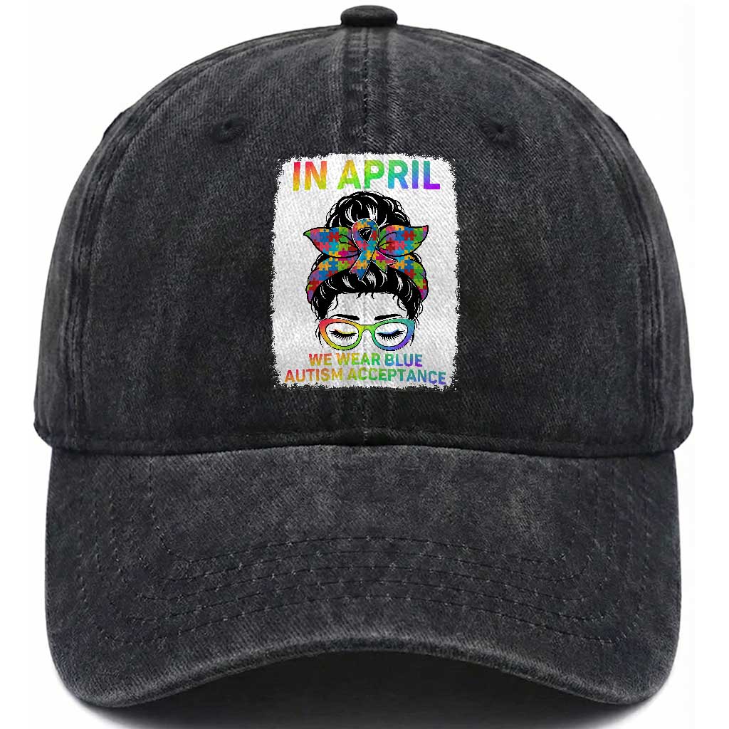Autism Acceptance Washed Cotton Baseball Cap Neurodivergent Support Messy Bun Ribbon Puzzle