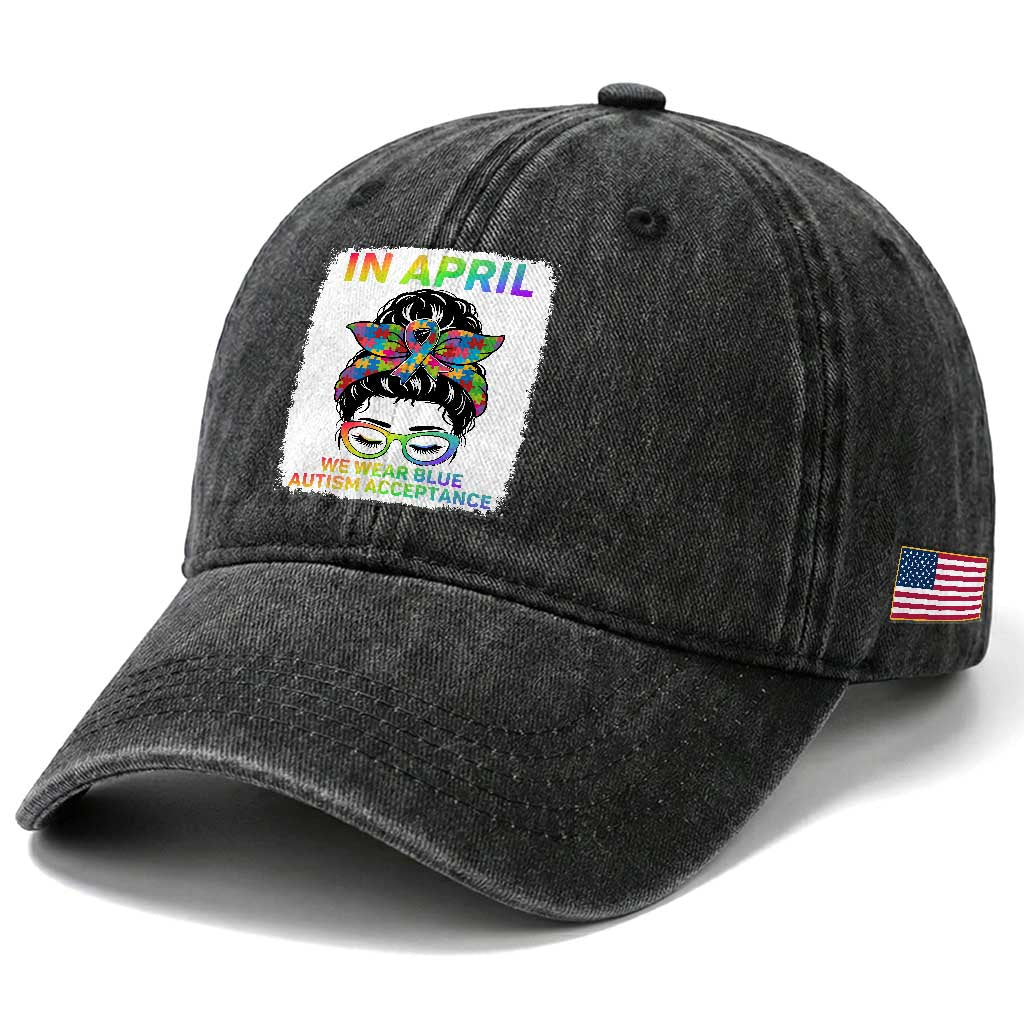 Autism Acceptance Washed Cotton Baseball Cap Neurodivergent Support Messy Bun Ribbon Puzzle