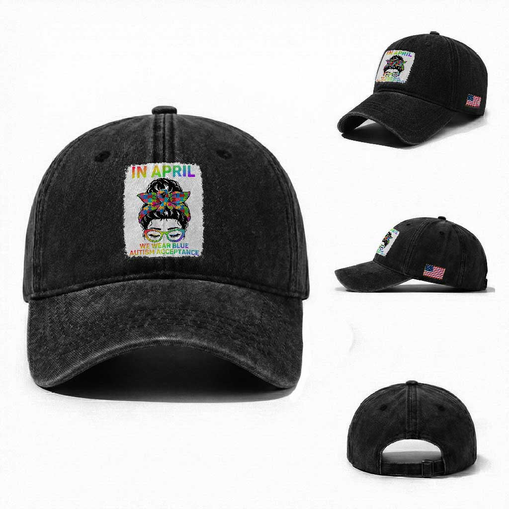 Autism Acceptance Washed Cotton Baseball Cap Neurodivergent Support Messy Bun Ribbon Puzzle