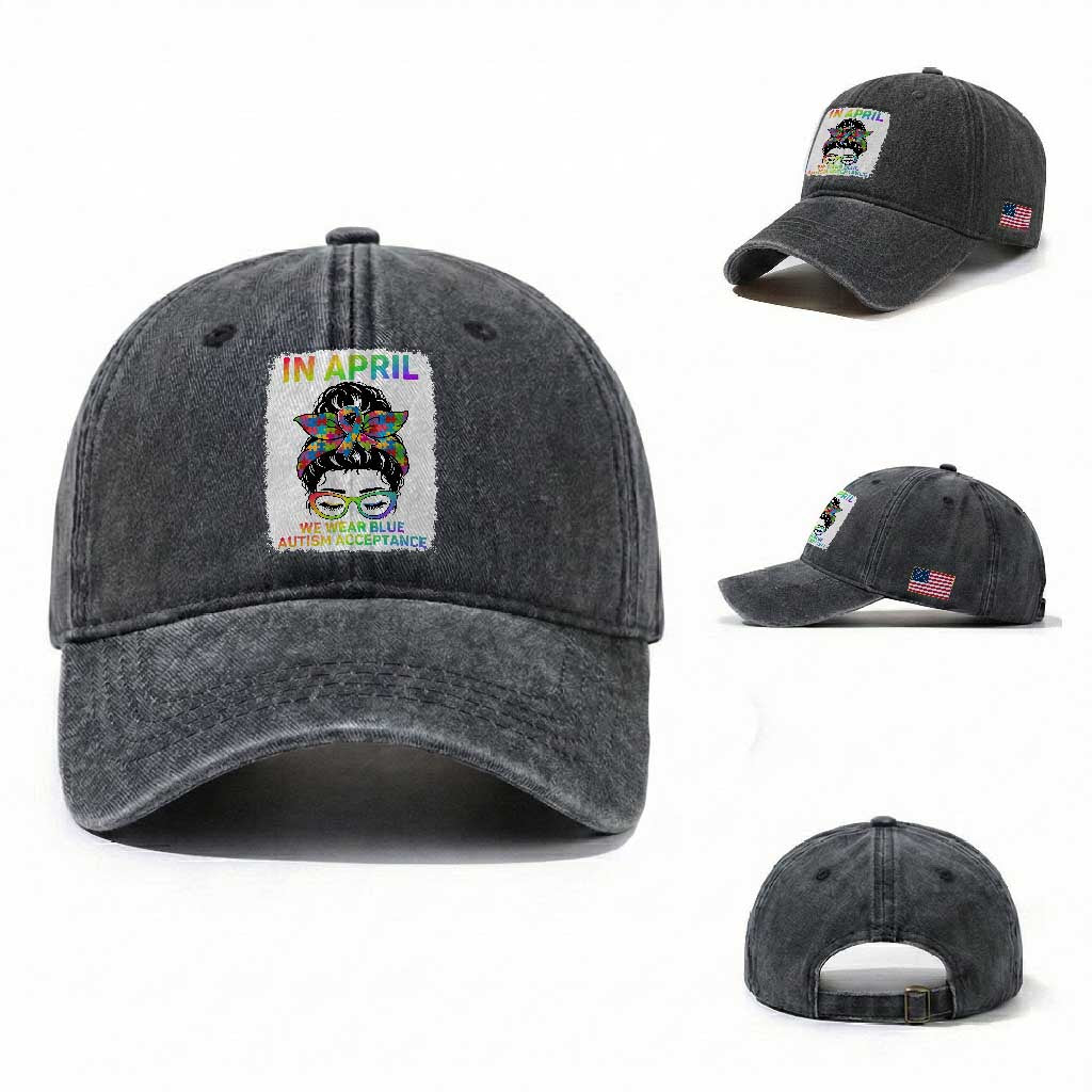 Autism Acceptance Washed Cotton Baseball Cap Neurodivergent Support Messy Bun Ribbon Puzzle