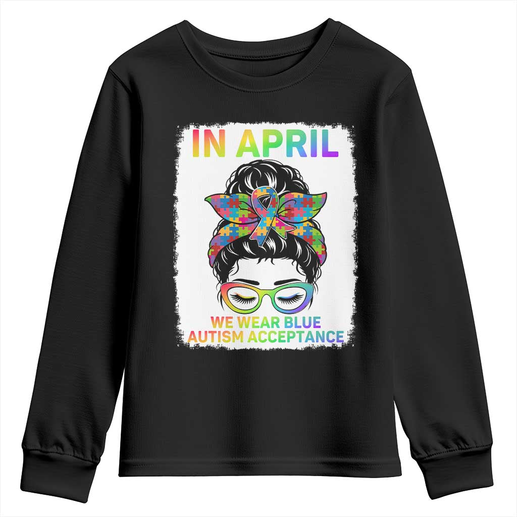 Autism Acceptance Youth Sweatshirt Neurodivergent Support Messy Bun Ribbon Puzzle