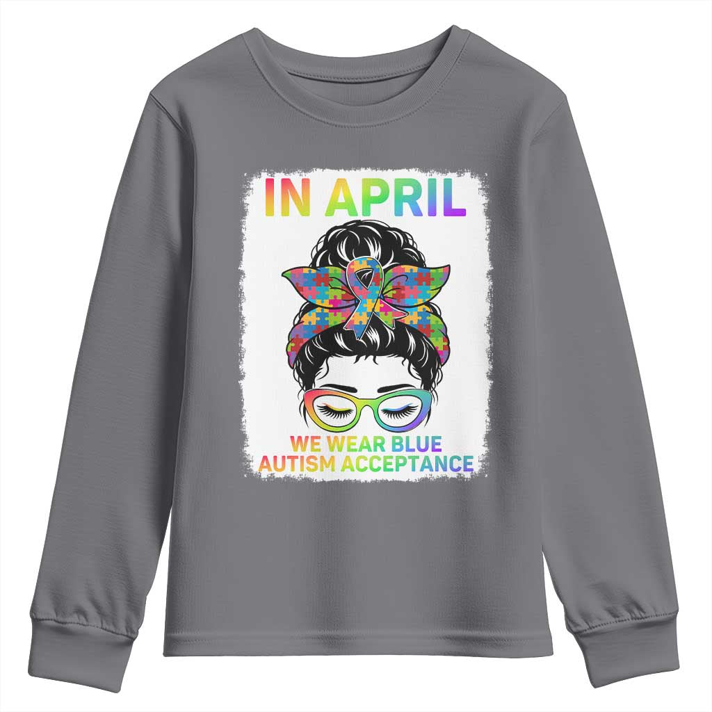 Autism Acceptance Youth Sweatshirt Neurodivergent Support Messy Bun Ribbon Puzzle