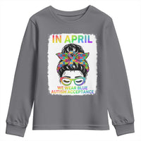 Autism Acceptance Youth Sweatshirt Neurodivergent Support Messy Bun Ribbon Puzzle