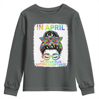 Autism Acceptance Youth Sweatshirt Neurodivergent Support Messy Bun Ribbon Puzzle