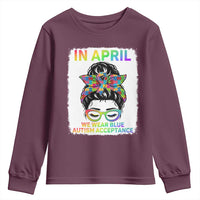 Autism Acceptance Youth Sweatshirt Neurodivergent Support Messy Bun Ribbon Puzzle