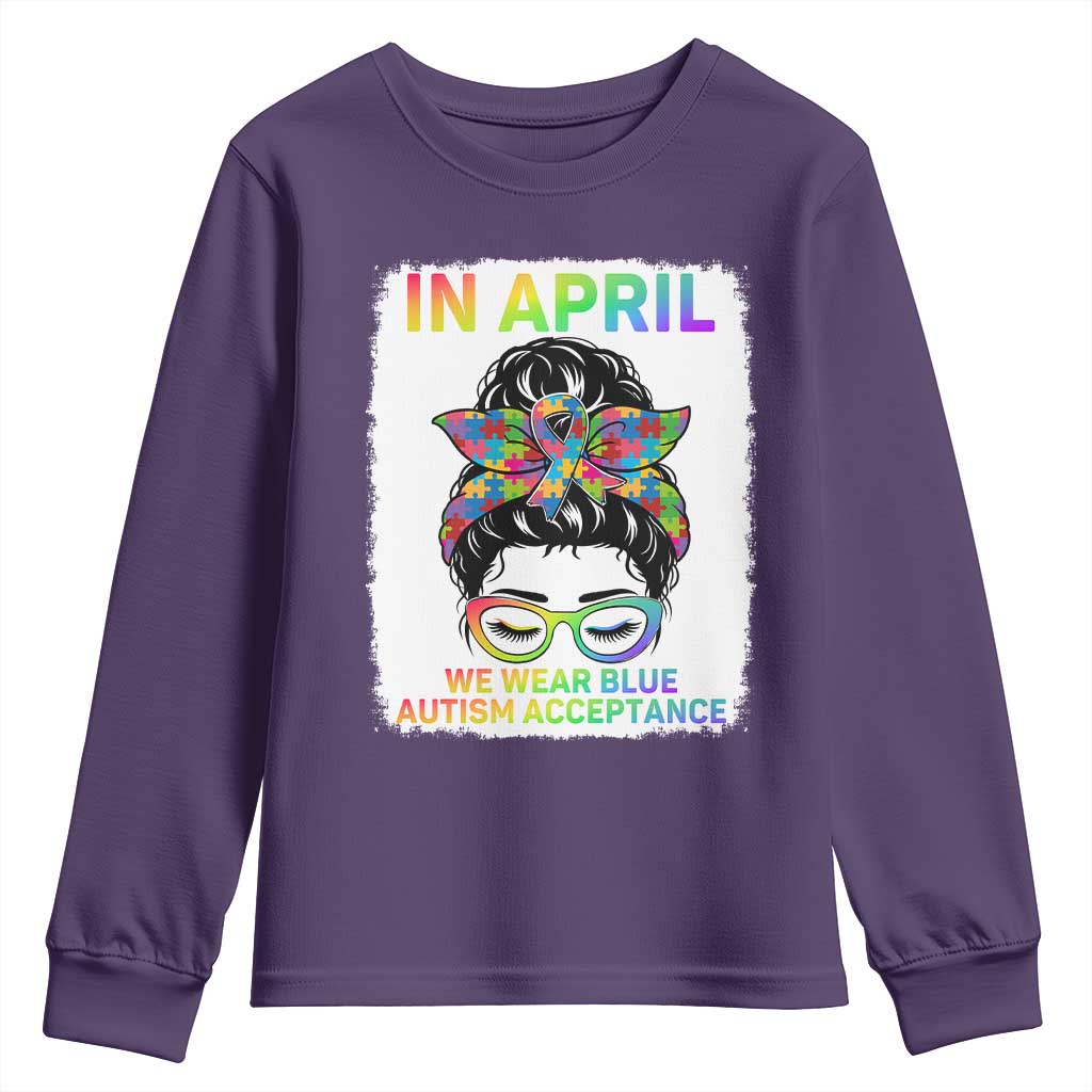 Autism Acceptance Youth Sweatshirt Neurodivergent Support Messy Bun Ribbon Puzzle