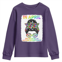 Autism Acceptance Youth Sweatshirt Neurodivergent Support Messy Bun Ribbon Puzzle