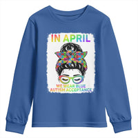 Autism Acceptance Youth Sweatshirt Neurodivergent Support Messy Bun Ribbon Puzzle