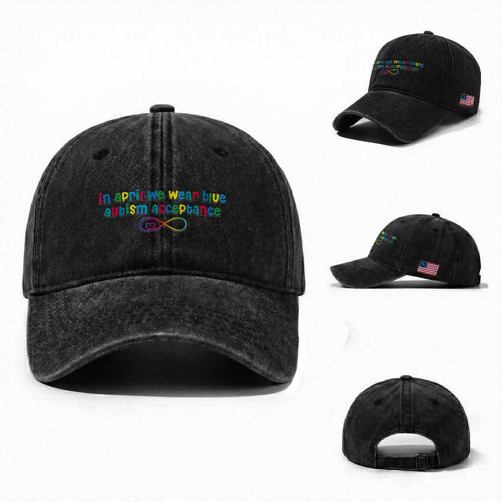 Autism Acceptance Washed Cotton Baseball Cap Neurodivergent Support Infinity Heart Symbol