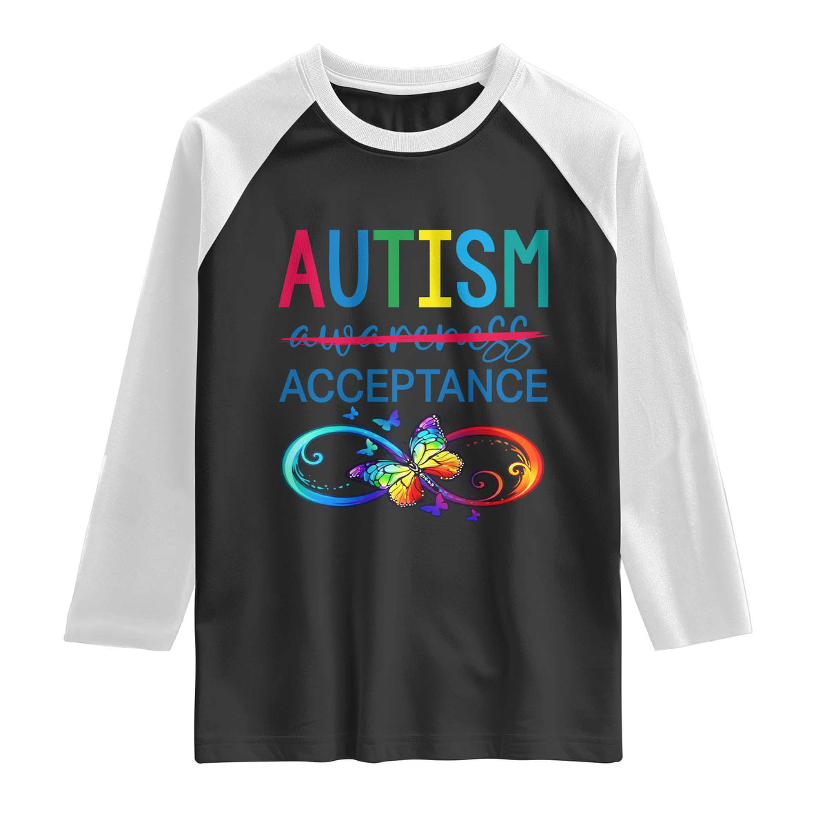 Autism Acceptance Raglan Shirt Neurodivergent Support Infinity Butterfly Symbol