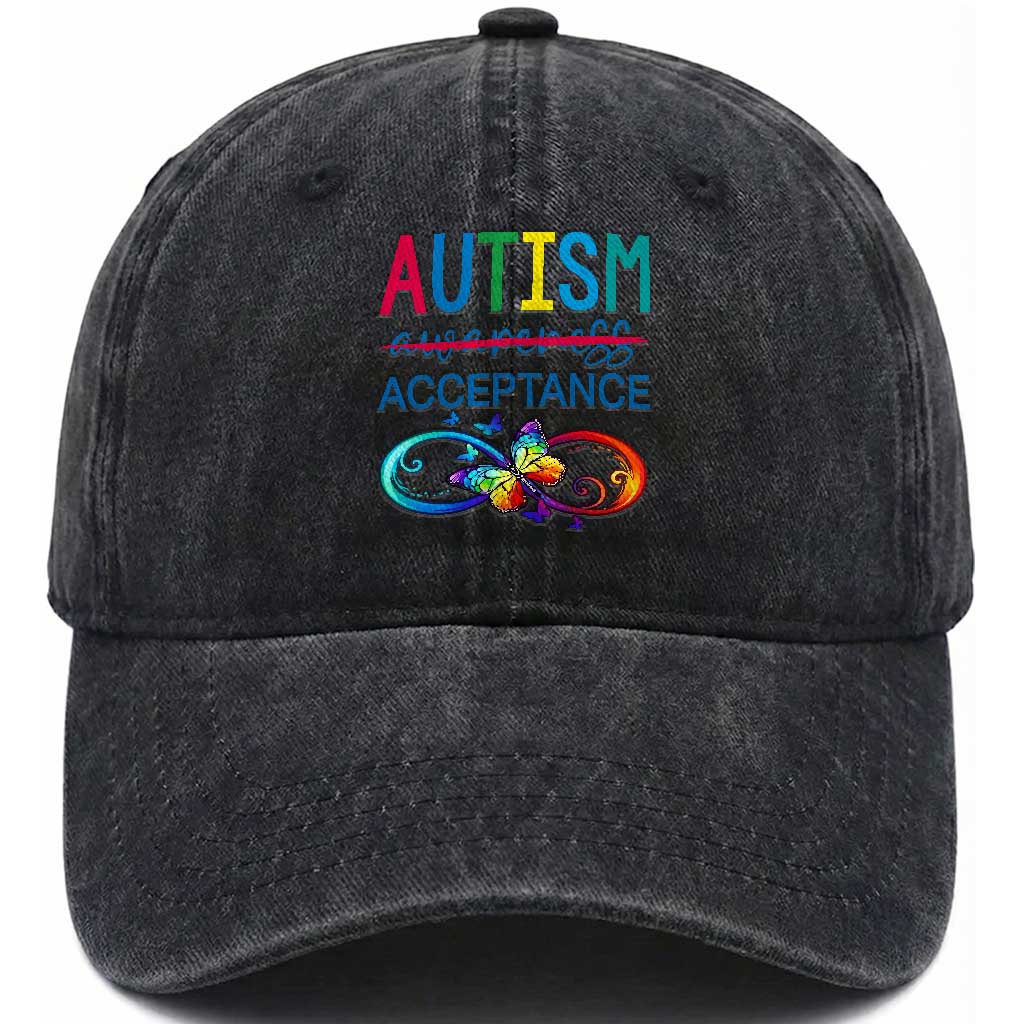 Autism Acceptance Washed Cotton Baseball Cap Neurodivergent Support Infinity Butterfly Symbol