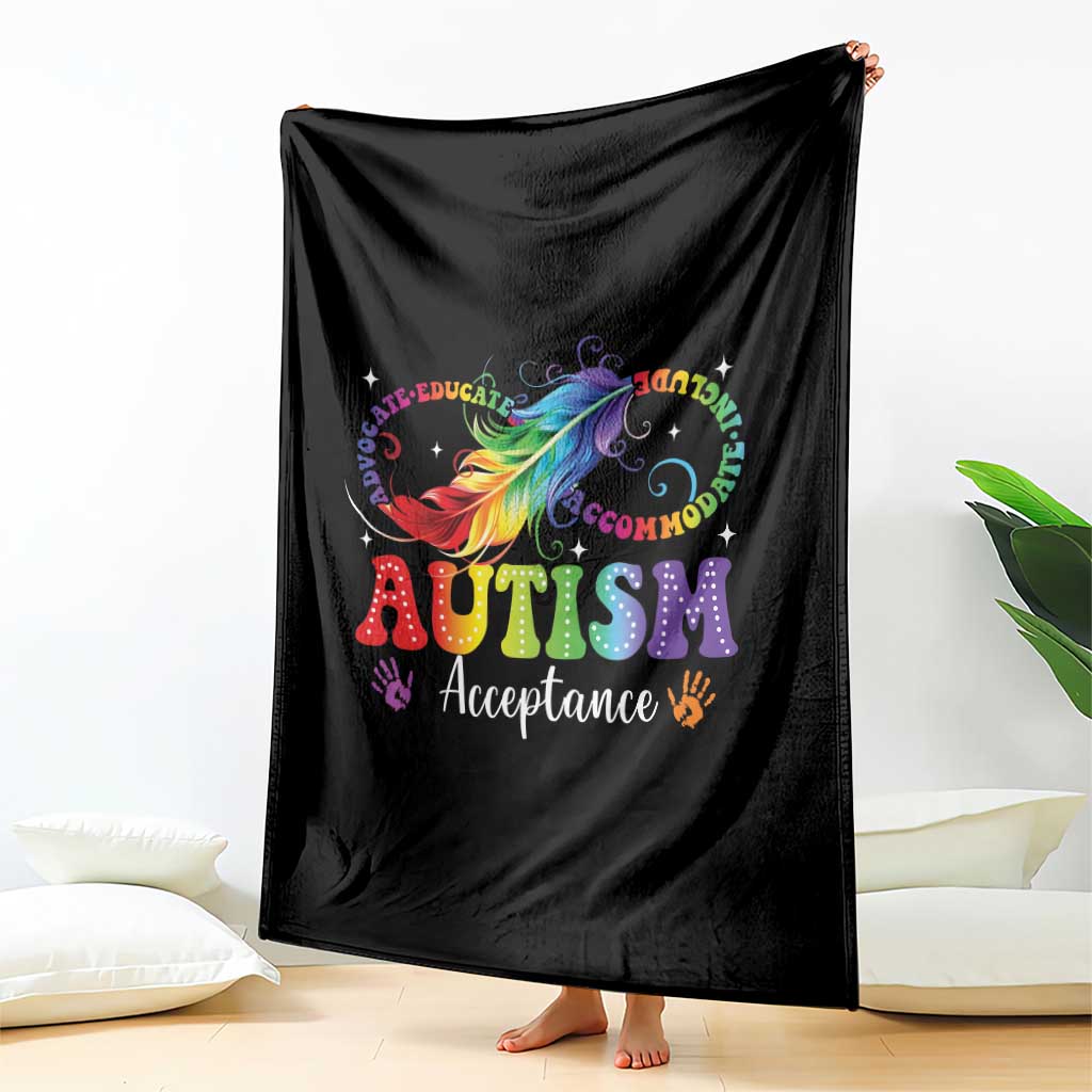 Autism Acceptance Throw Blanket Neurodivergent Support Rainbow Feather Infinity Symbol