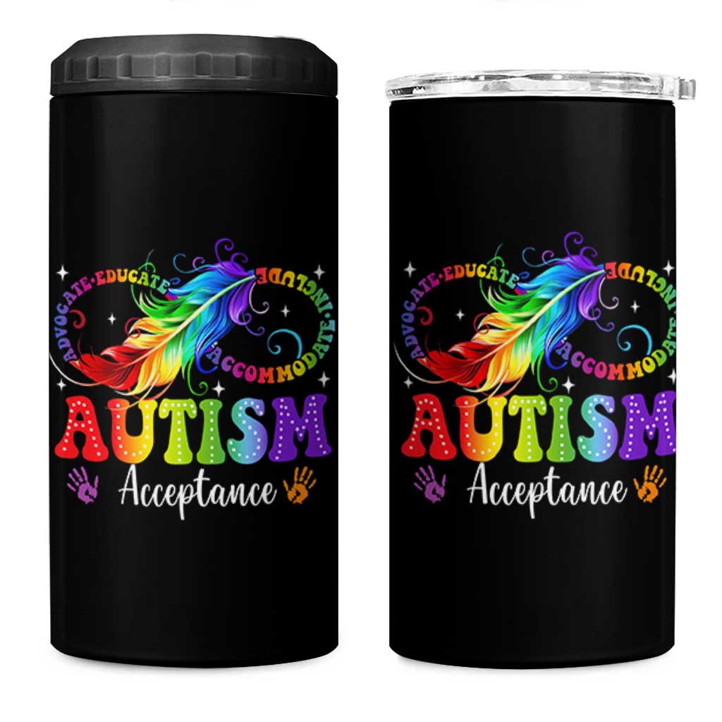 Autism Acceptance 4 in 1 Can Cooler Tumbler Neurodivergent Support Rainbow Feather Infinity Symbol