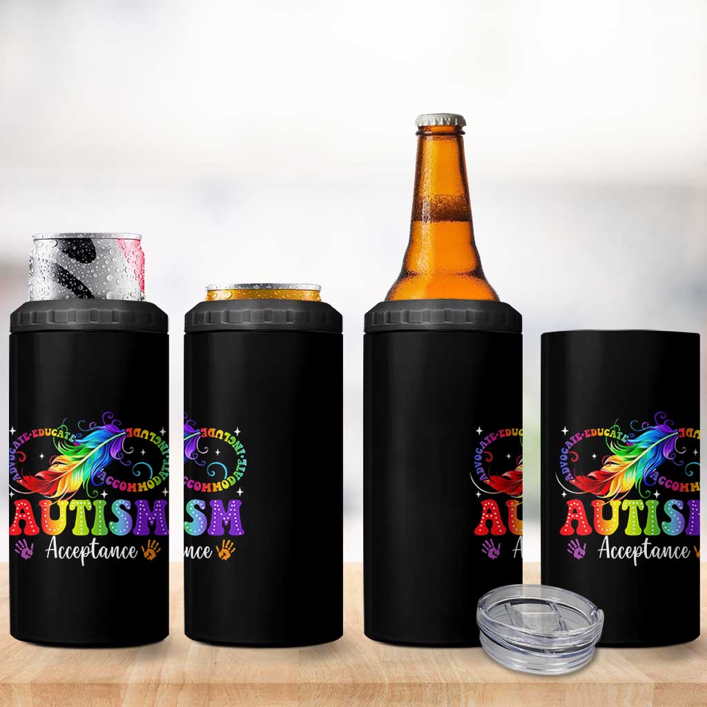 Autism Acceptance 4 in 1 Can Cooler Tumbler Neurodivergent Support Rainbow Feather Infinity Symbol