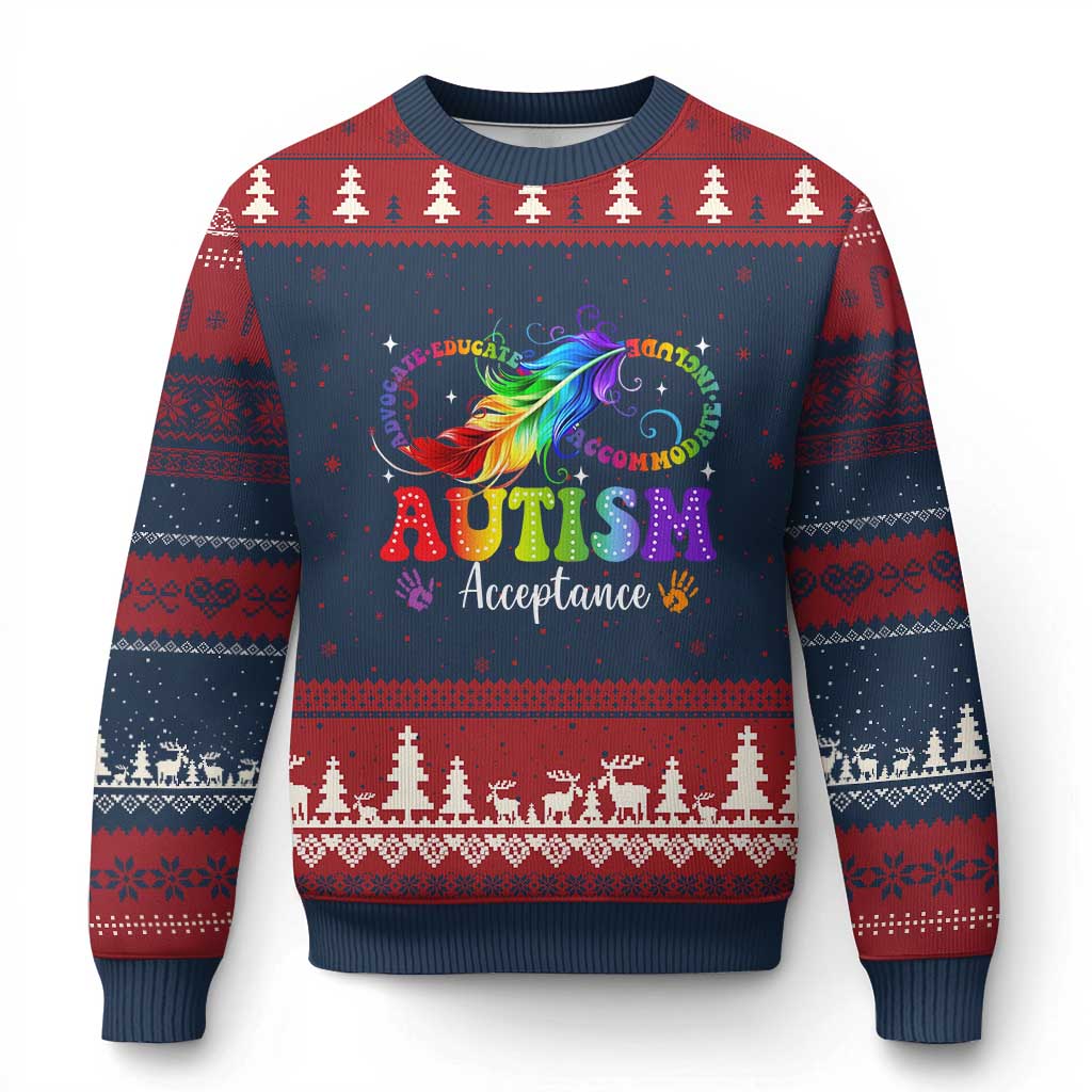 Autism Acceptance Ugly Christmas Sweater Neurodivergent Support Rainbow Feather Infinity Symbol