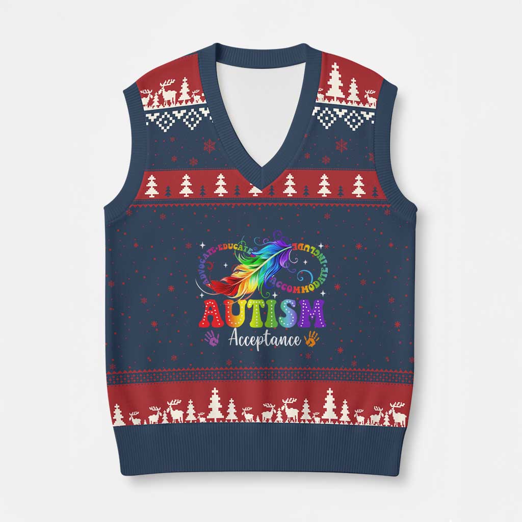 Autism Acceptance V-Neck Knit Sweater Vest Neurodivergent Support Rainbow Feather Infinity Symbol