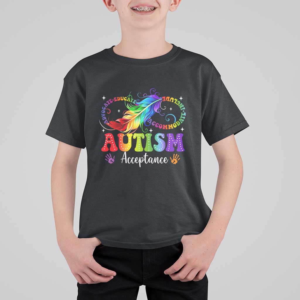 Autism Acceptance T Shirt For Kid Neurodivergent Support Rainbow Feather Infinity Symbol